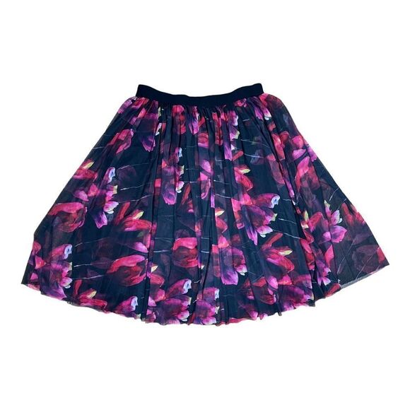 Esley Sz M Floral Black Pink Red Pleated Tulle Skirt Elastic Waist A-Line - Picture 7 of 8